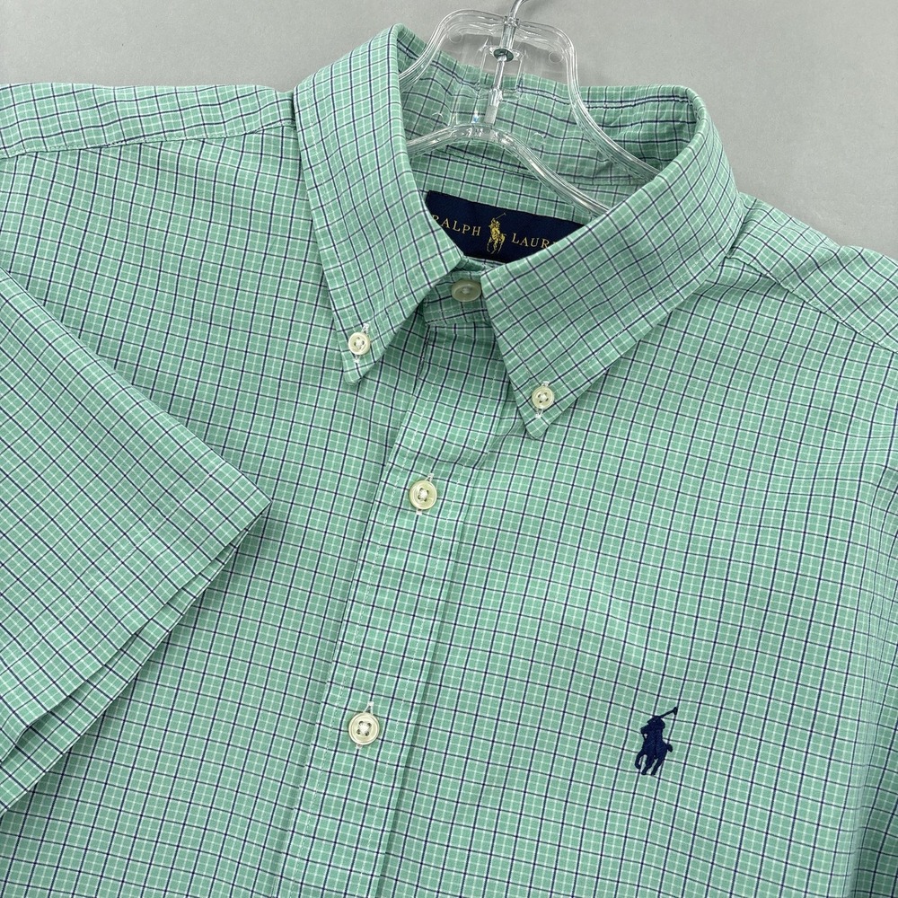 Ralph Lauren Shirt Mens Medium Green Check Button Down Short Sleeve Cotton